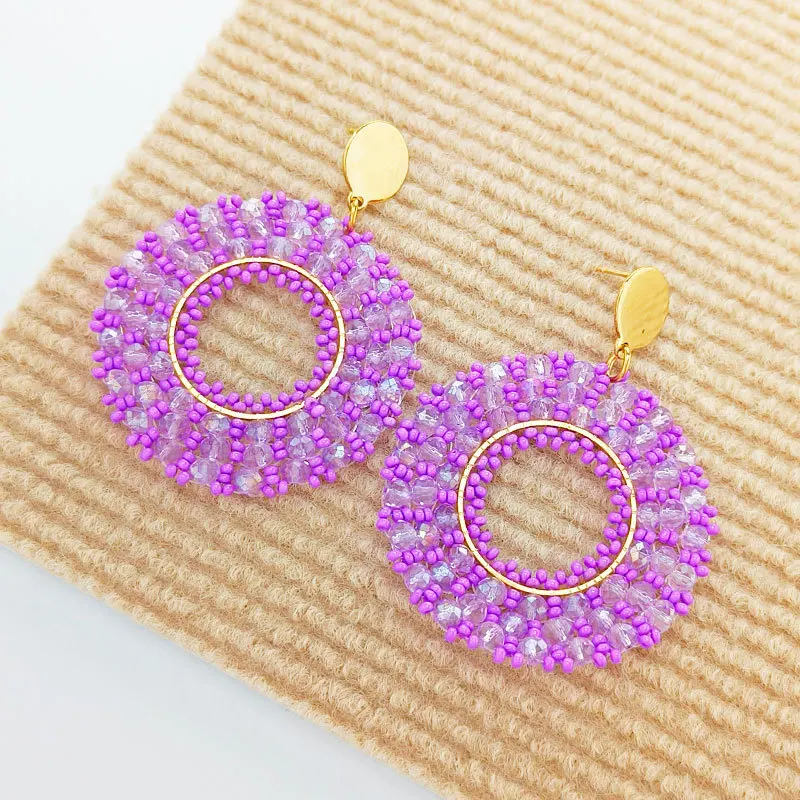 Rice bead earrings Roundness Hollow out Originality Geometry Graph Hand knitting Bohemia Alloy Fashion Simple Beaded earrings