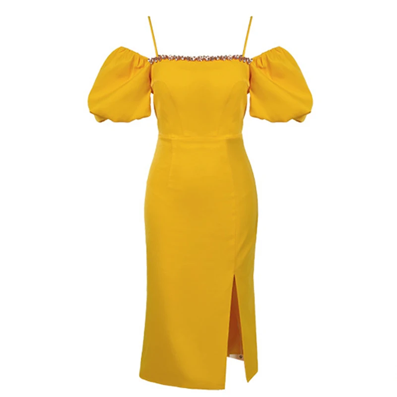 Fashion Summer Evening Party Dress Women Luxury Glitter Yellow Sexy  Off-Shoulder Slim Wrap Hip Midi Robe Mujer Vestidos Fiesta - AliExpress  200000345