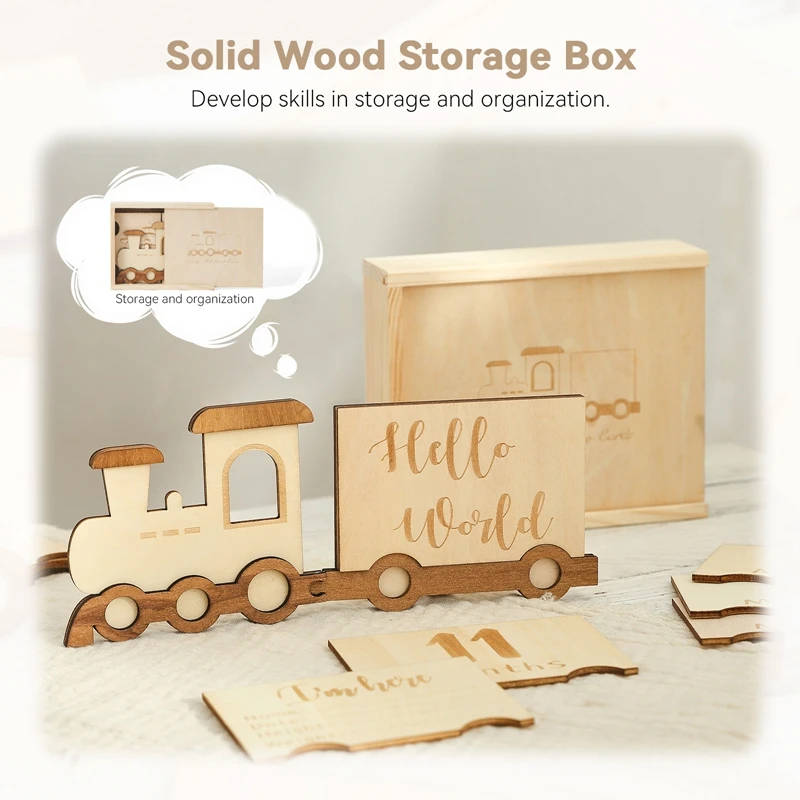 Tarjetas de hito mensuales de madera para bebé, tren de doble cara, número, mes, accesorios de fotografía recién nacido, regalo para bebé