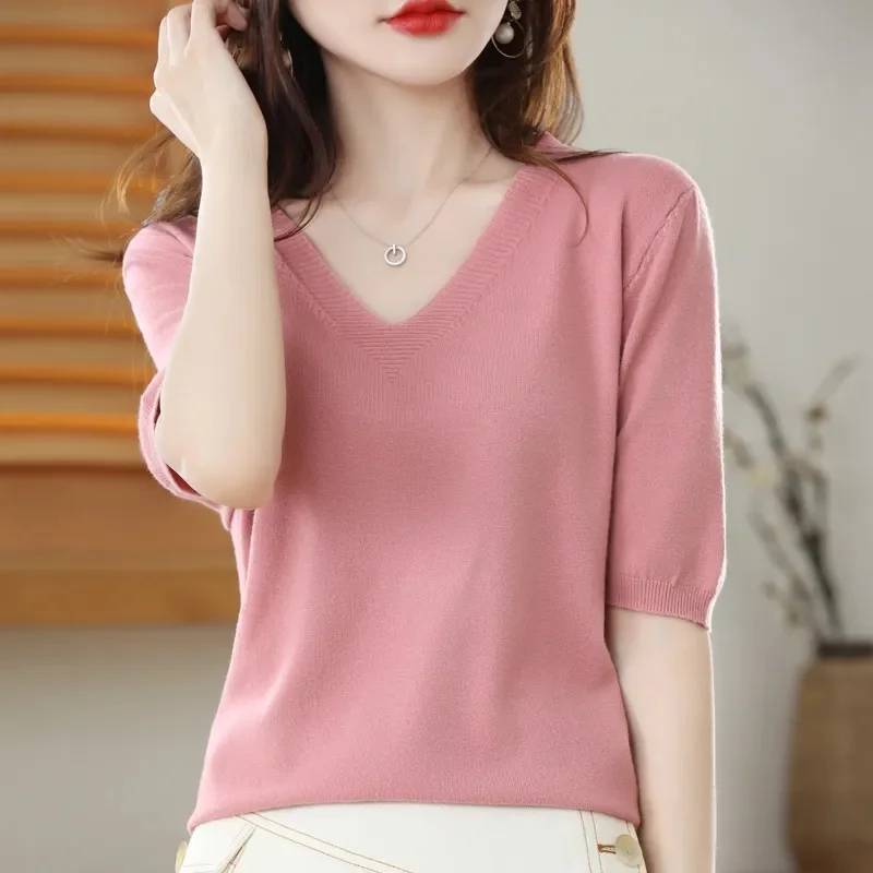 2023 New Spring Summer New Women's V-neck Short-Sleeved Cashmere Knitted Sweater Pullover Knitwear Bottoming Shirt