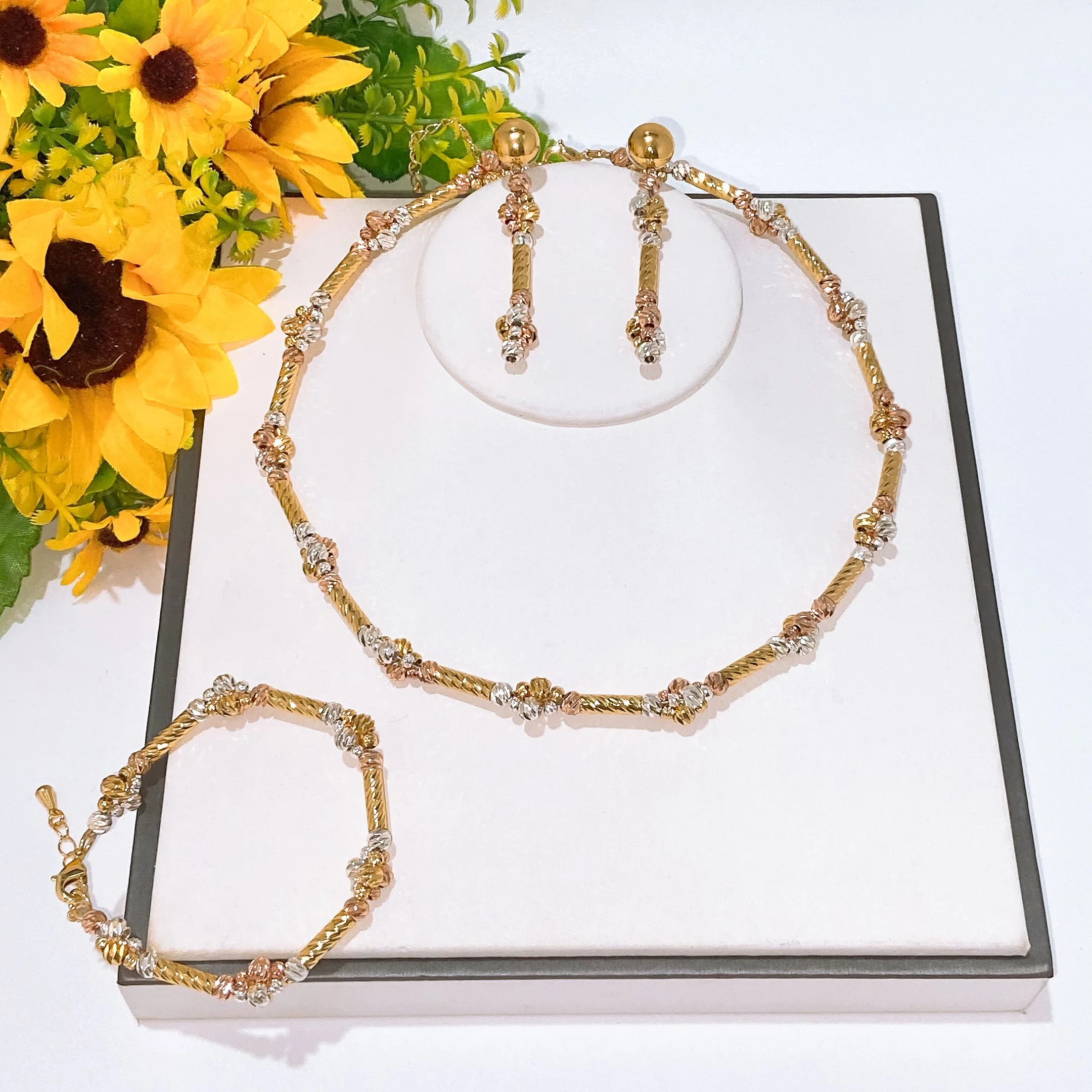 24K Gold Plated Dubai African Bamboo Bead Jewelry Set for Women Necklace Earrings Ring Tricolor Optional Wedding Bridal Party