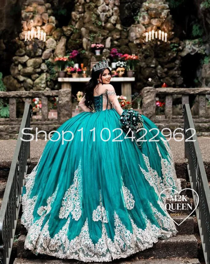 Hunter Green Puffy Saia Vestidos Quinceanera, Sparkly lantejoulas Applique, manga comprida, espartilho de baile, 15