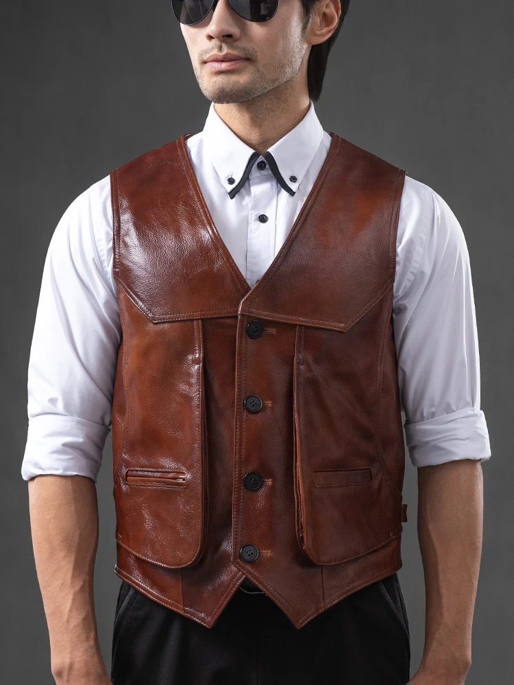 Genuine Leather Vest Men's Top Layer Cowhide Multiple Pockets Slim Fit Large Size Leather Back Vintage Leather Shoulder Jacket