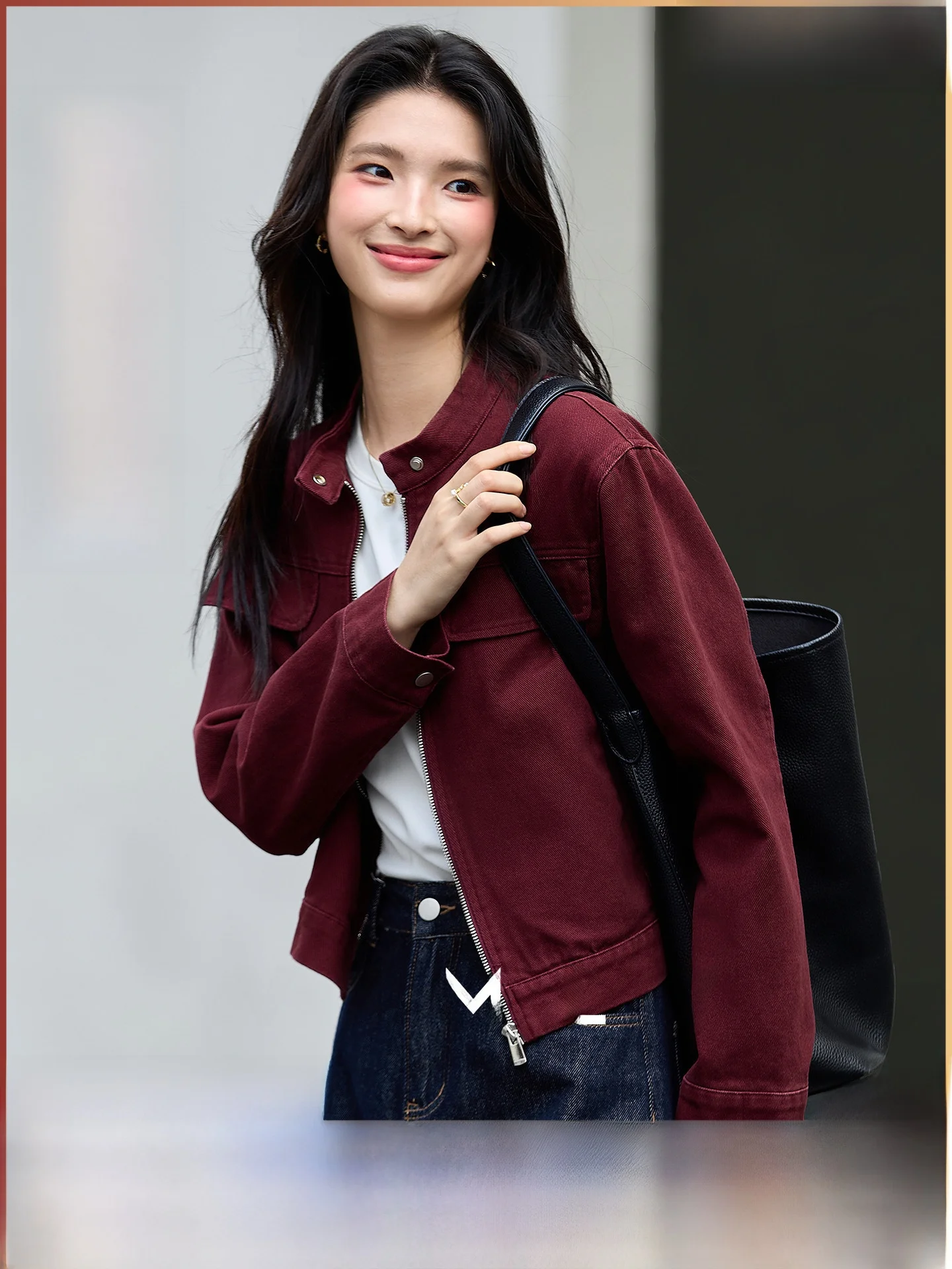 

Retro Waed Denim Jaet Women's Spring 2026 New Pure Cotton Stand Collar ort Jaet Top Casual Loose Fit Long Sve