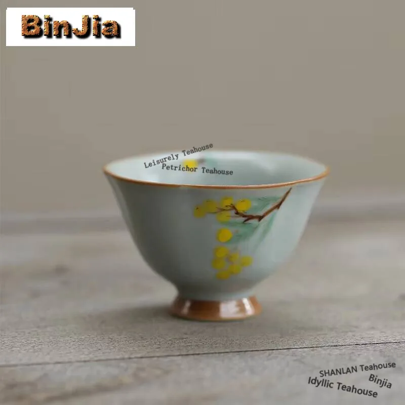 60ml Hand-painted Loquat Teacup High Foot Flower Mouth Cup Ru Kiln Porcelain Tea Bowl Set of Cup Single Master Mug Kungfu Teaset