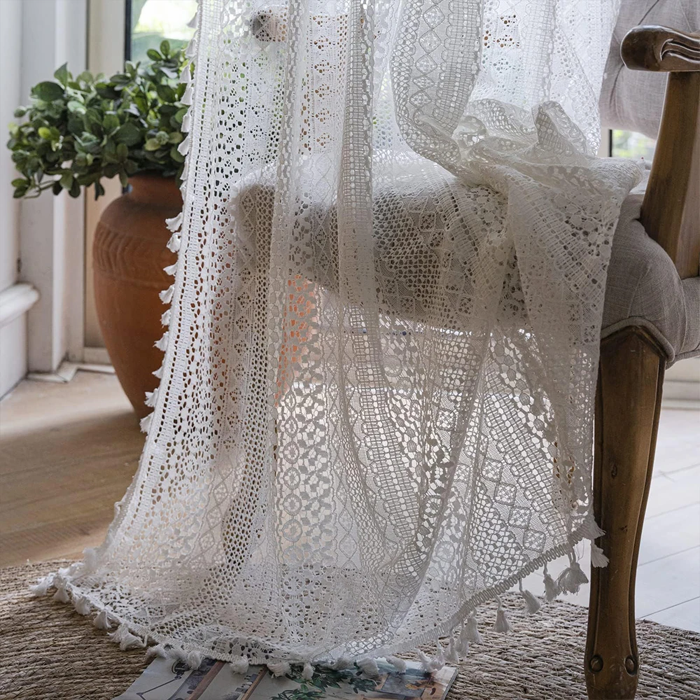 

Boho Curtains Window Treatments Sheer Crochet Lace Vintage Drapes Pair Geometry Knitted Handmade Tassels Rod Pocket for Bedroom