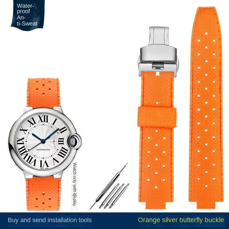 حزام ساعة مطاطي من السيليكون لكارتييه بالون بلو WSBB تصميم محدب أسود للرجال حزام بديل متين