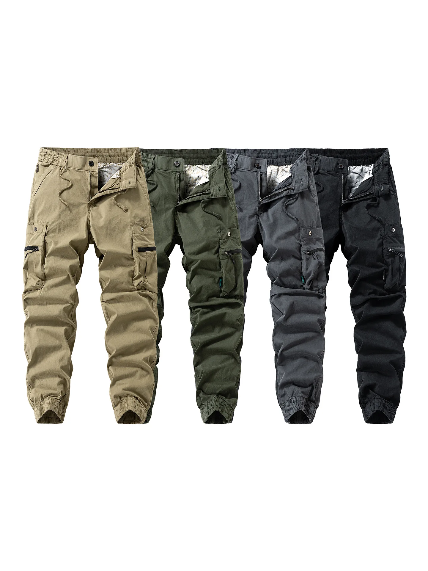 Men Zipper Flap Cargo Jogger Pants Elastic Drawstring Waist Cuffed Hem Wear Resistant Tactical Outdoor Trousers539