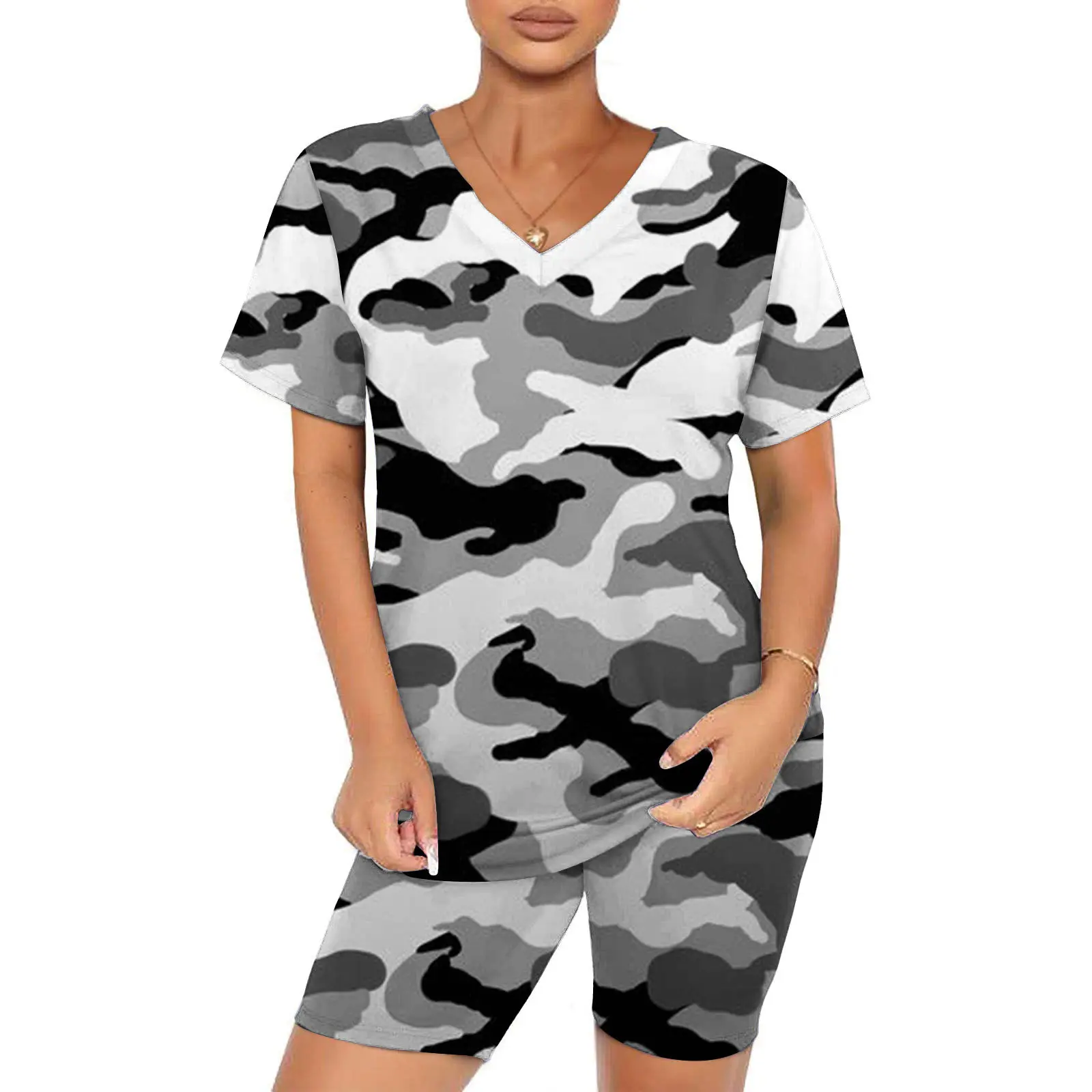 

2023 Summer Fashion New Casual Camouflage Short Sleeve V-Neck Top and Shorts Set