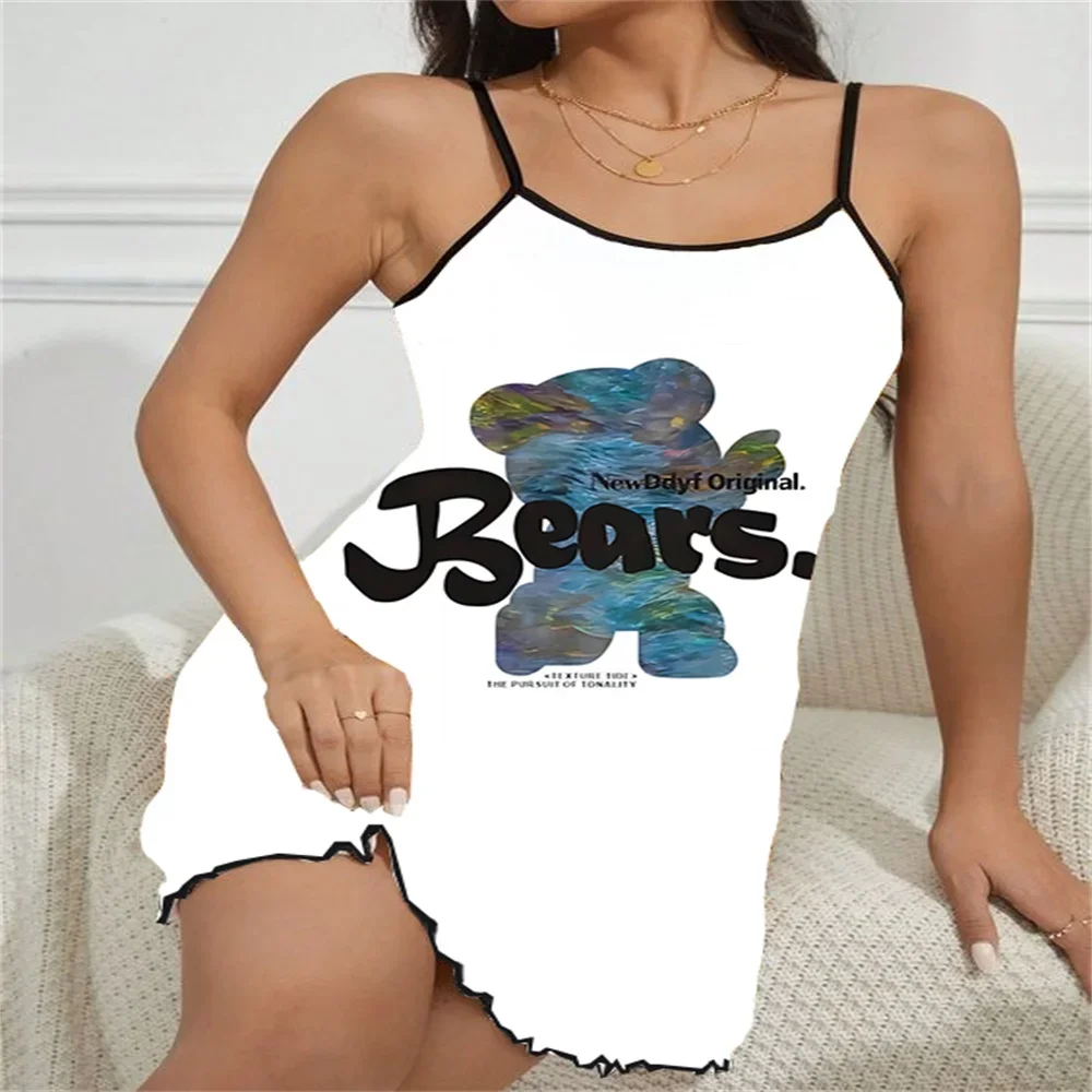 

2024 New Sleeveless Summer Pajama for Women Sexy Charming Suspender Sleeping Dress Ruffled Edge Design Cartoon Women's Nightwear