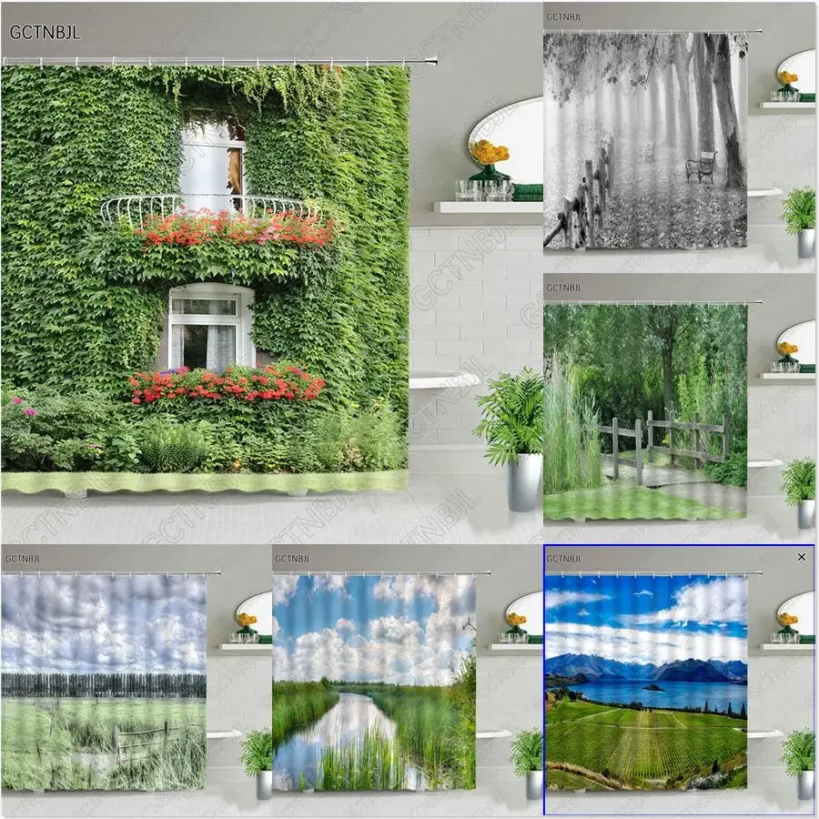 Rural Garden Landscape Shower Curtain Field Forest  Nature Scenery Polyester Fabric Bath Curtain Bathroom Decor Accessories Sets