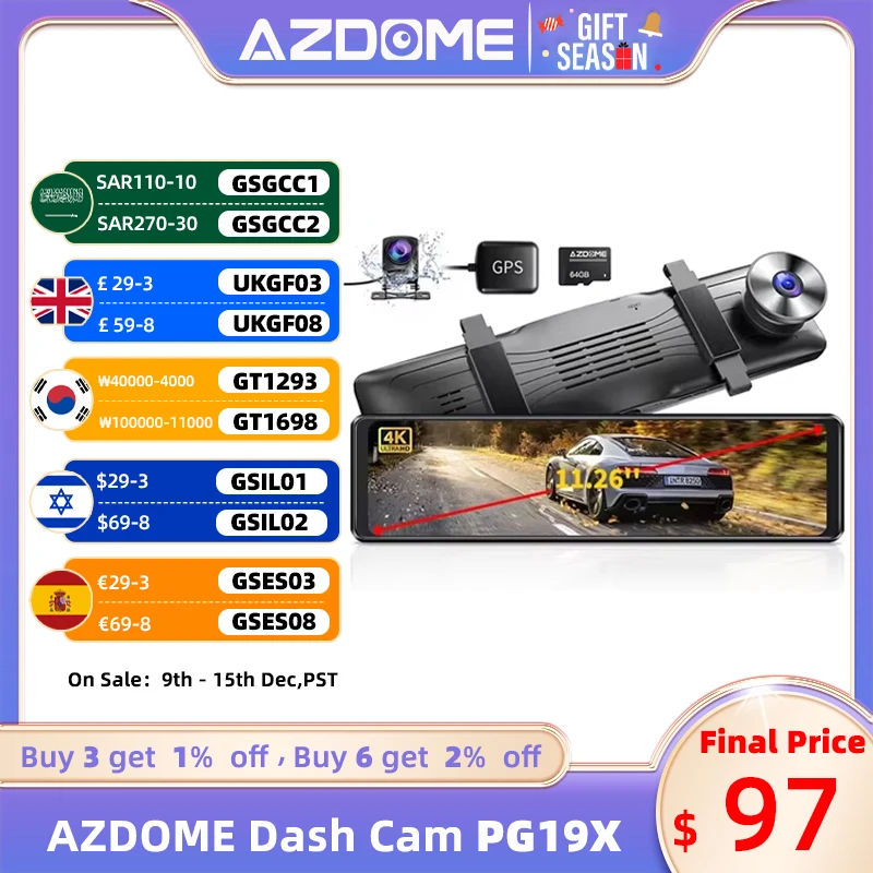 AZDOME PG19X Mirror Dash Cam Front and Rear 4K View Mirror Camera with GPS WiFi Dual Dash Cam for Cars Waterproof Backup Camera