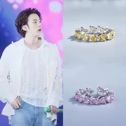 2023 Korean Wave New JIN Same Pink Yellow Zircon Love Ring INS Fashion Trend Celebrity Jewelry Women Accessories Lovers Gift