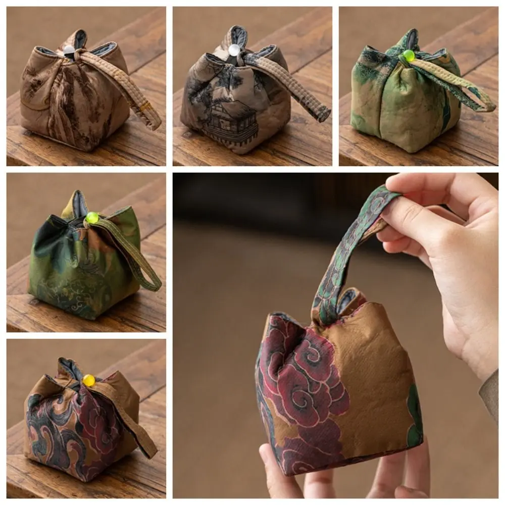 

Printing Chinese Style Tea Cup Storage Bag Retro Interwoven Teapot Cloth Pouch Square Portable Silk Brocade Handbag Gift