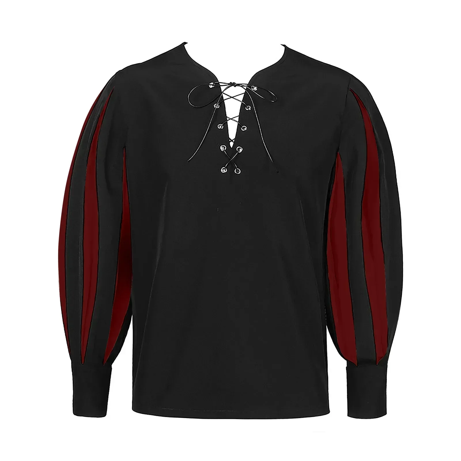 Men\'s Shirt Gothic Dark Contrast Lace Up Top Casual Vintage Medieval Renaissance Loose Soft Clothes Long Sleeve Male