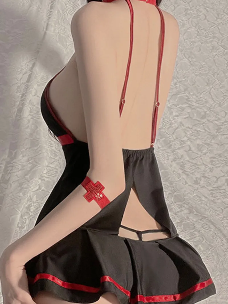 Hollow Neck Sexy Appeso Sheer Trasparente Del Merletto Infermiera Cosplay Uniforme Vestito Elegante Hot Sexy Donne Coreane 2024 Nuovo Top DRP9