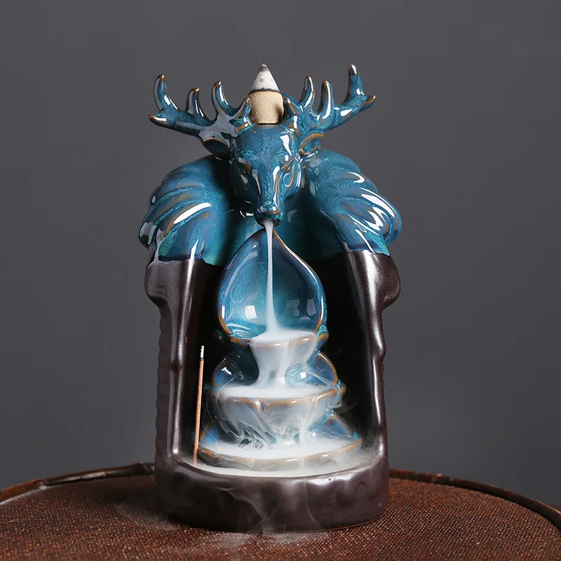 Stag Head Backflow Incense Burner Ceramic Blue Modern Western Creative Home Decor Ornament