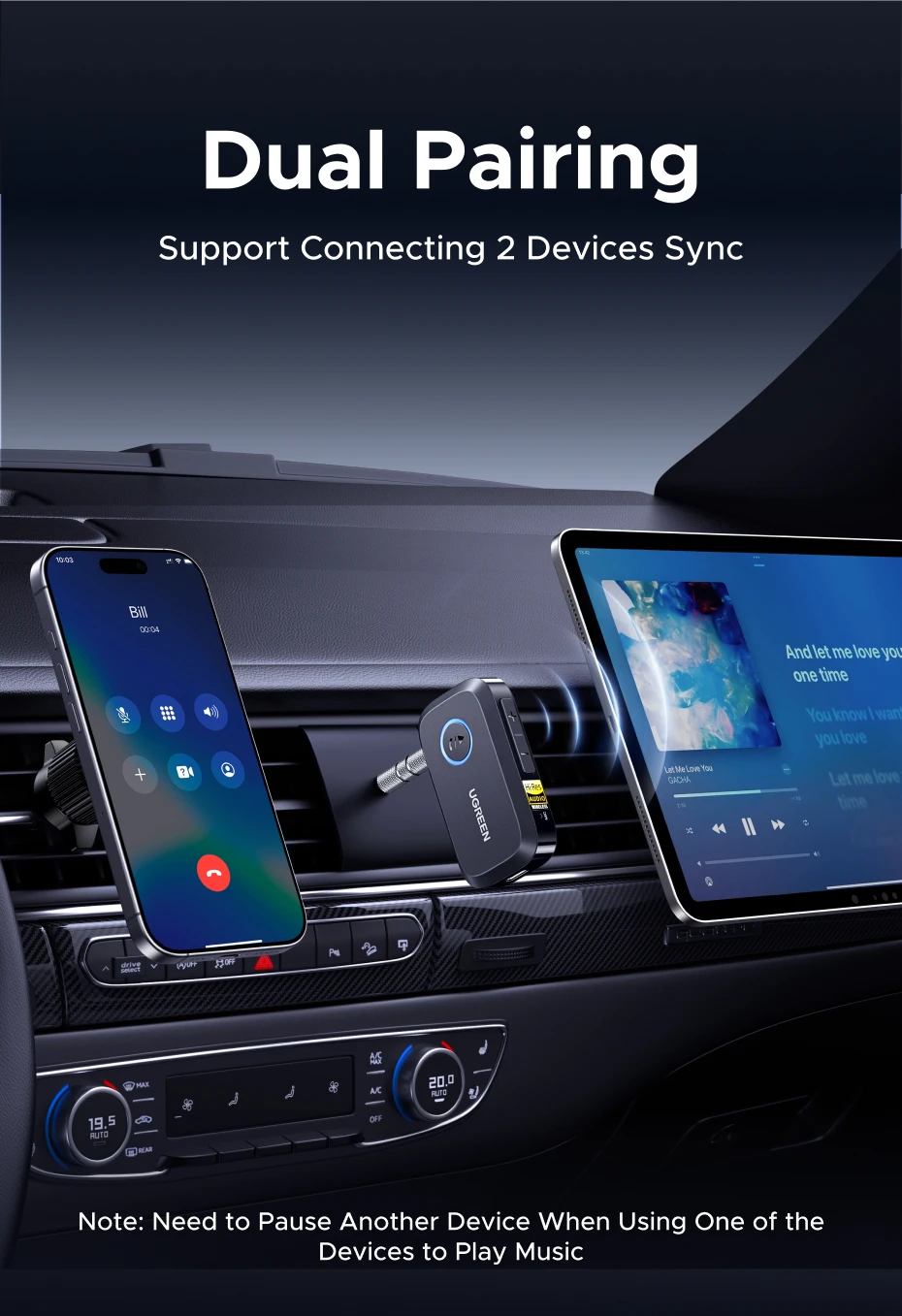 UGREEN Bluetooth 6.0 5.4 Car 3.5mm AUX Jacks for Car Speakers Audio Music Hands Free Bluetooth 5.3