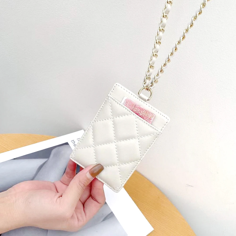 Schapenvacht Vrouwelijke Toegang Kaarthouder Luxe Lederen Ketting Hals Vrouwen Card Sleeve Tas Gewatteerde Lady Crossbody Badge Houder