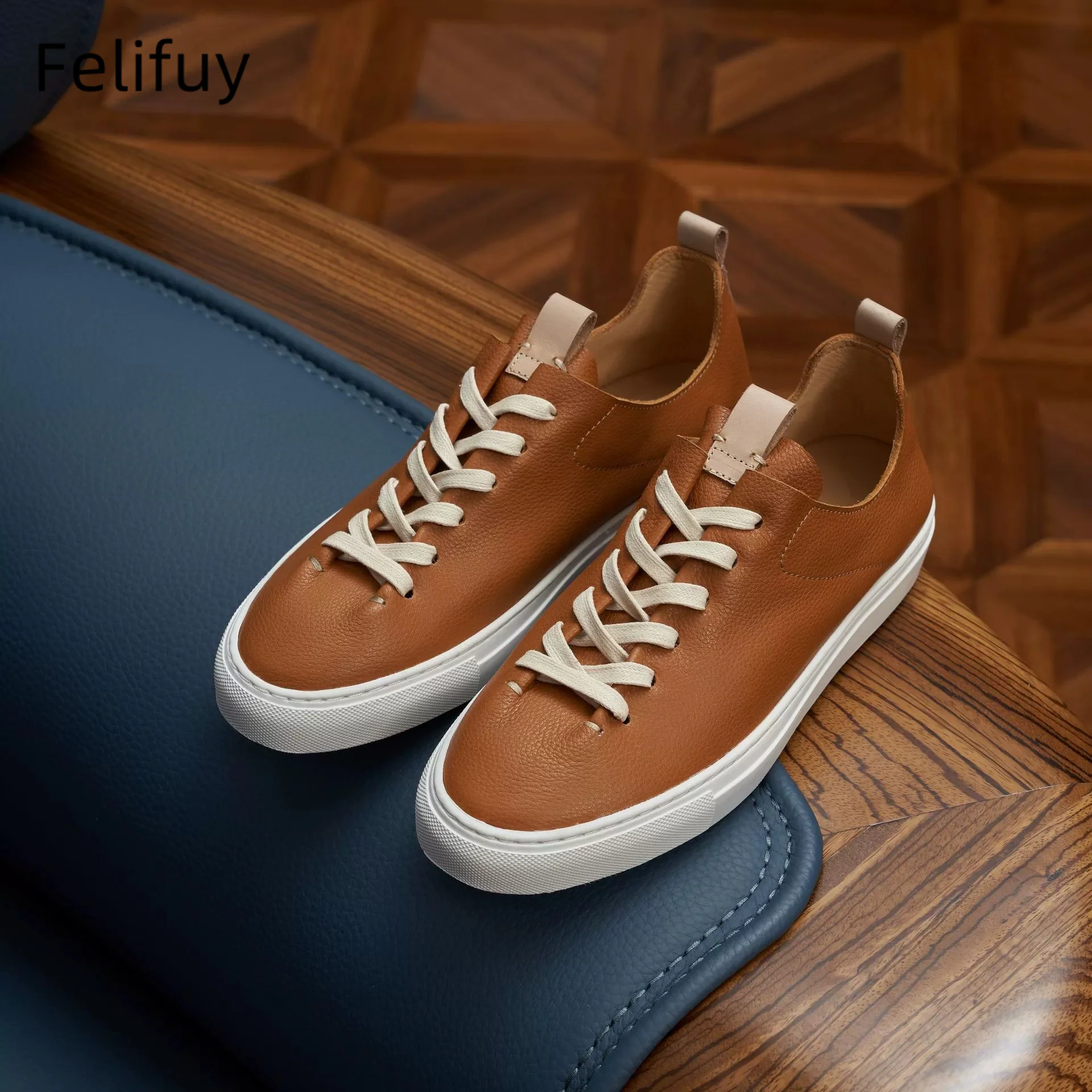 

Brown Genuine Leather Men's Sneakers Outdoor Casual Sports Shoes Men Lace Up Skateboard Footwear Youth Black Trend Oxford Shoes