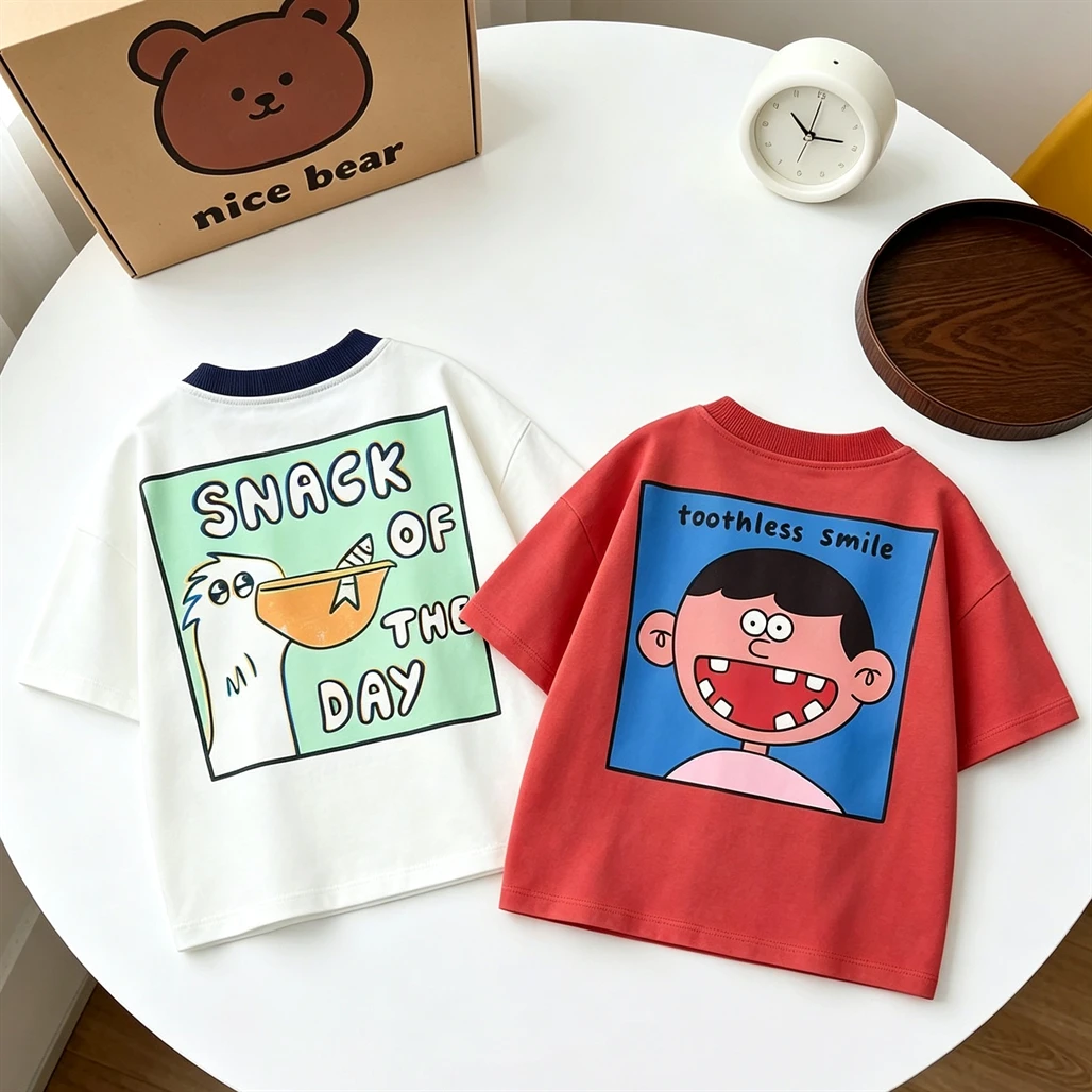 Roupas de verão com estampa de desenho animado, camiseta de manga curta, camisa básica simples e versátil para meninas e meninos, roupas engraçadas e adoráveis ​​com estampa T
