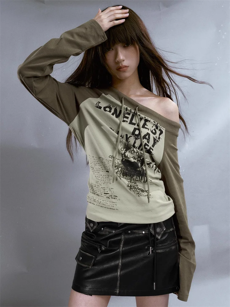 QWEEK-Camiseta de estilo japonés Y2K para mujer, camiseta Harajuku Grunge con hombros descubiertos, camisetas de manga larga, Top Vintage con