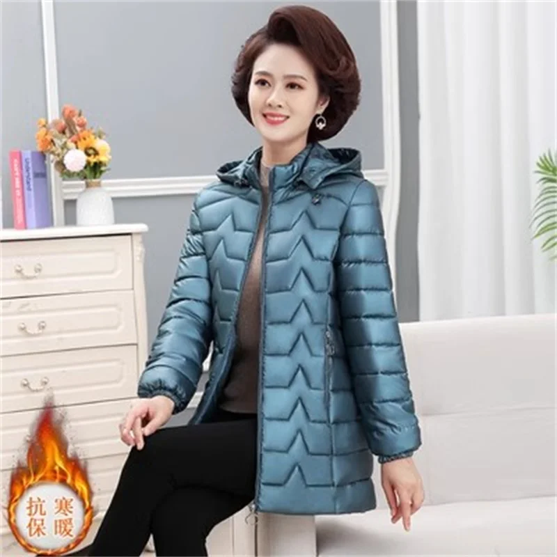 Women Korean Medium Length Bright Cotton Jacket Thickened Down Cotton Jacket Slim Hooded Cotton Jacket Female Winter Warm Jacket