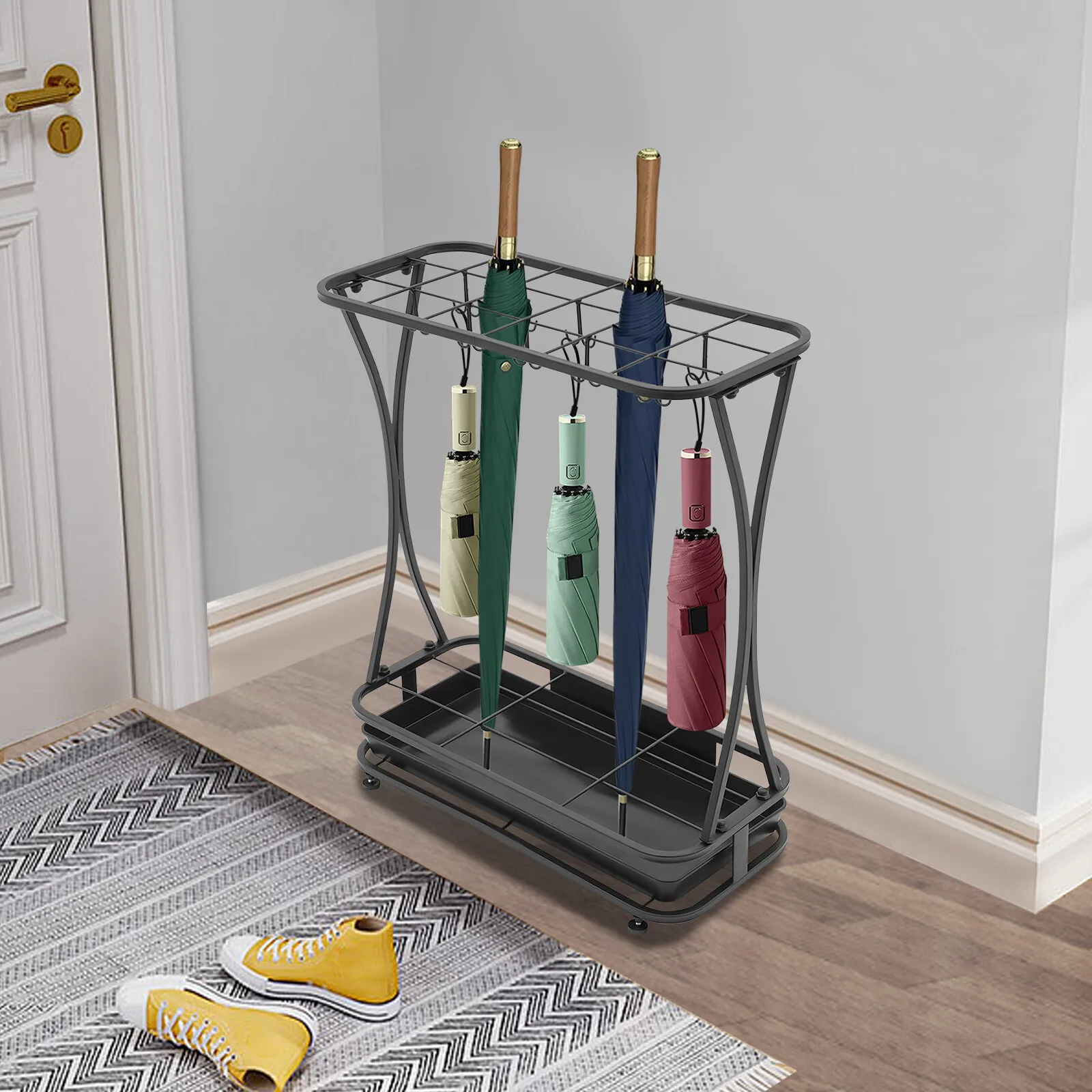 

Metal Umbrella Holder Stand Rack Organizer + Drip Tray (18 Slots 20 Hooks) Black