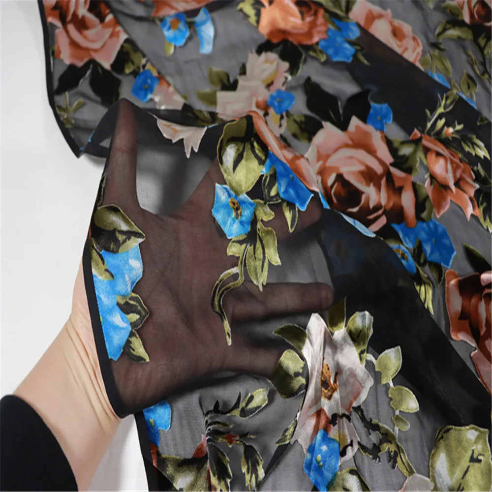 New Arrival Holiday Soft Silk Burn Out Fabric Opal Black Big Flower Mulberry Organic for Lady Wife Sleepwear Shirt Underwear