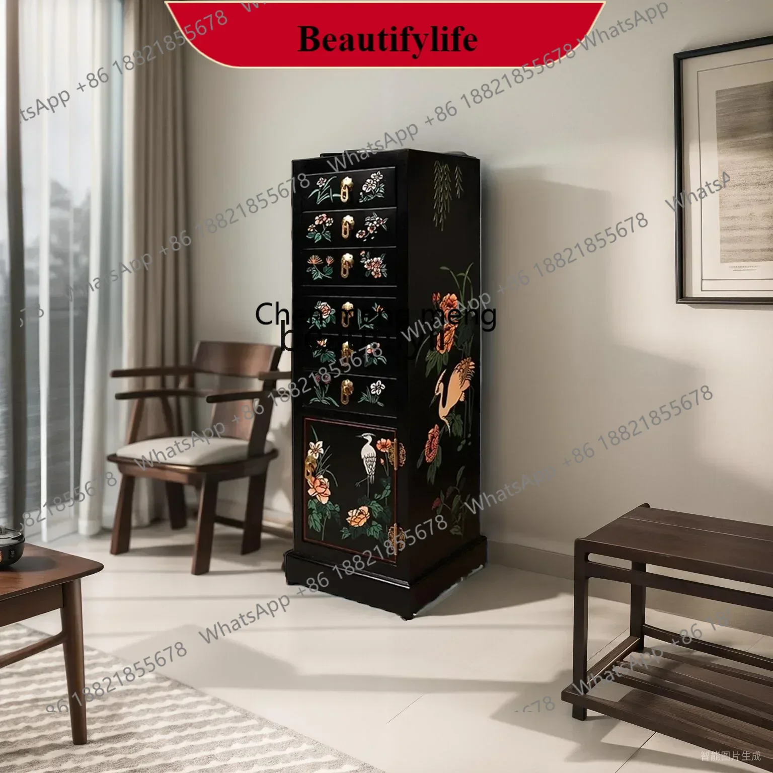 

G153 57 New Chinese style six pumps and one door cabinet simple home entrance storage light luxury modern antique