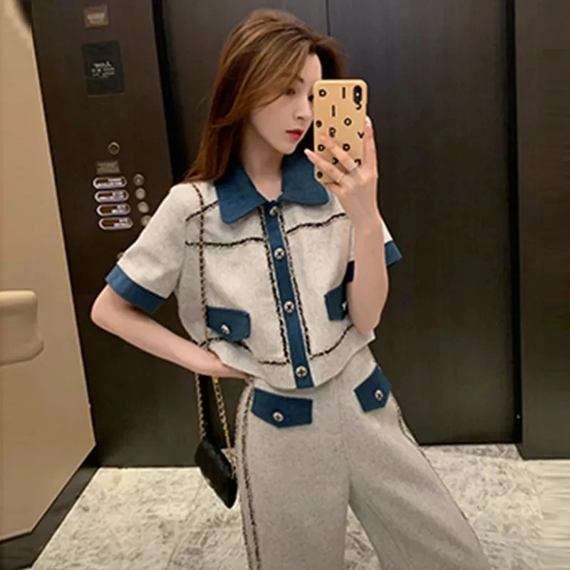 Summer Fashion Small Fragrance Two Piece Set Women\'s Short Sleeve Shirt Top Small Tall Waist Covering Belly Show Thin WL-28