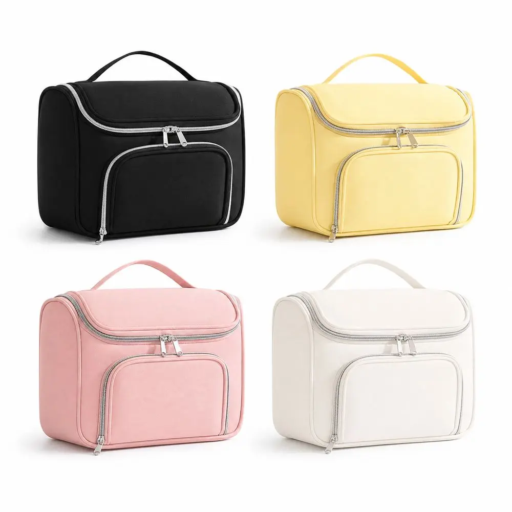 Multi Compartment Cosmetic Bag Double Zipper Front Pocket Travel Makeup Case Carry Handle Portable Toiletry Bag