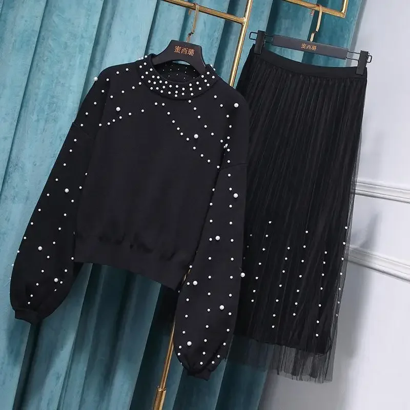 2024 Autumn Winter Sweaters Skirts Suits Beading Knitted Pullover Tops +Mesh Sets Clothing Set Y316