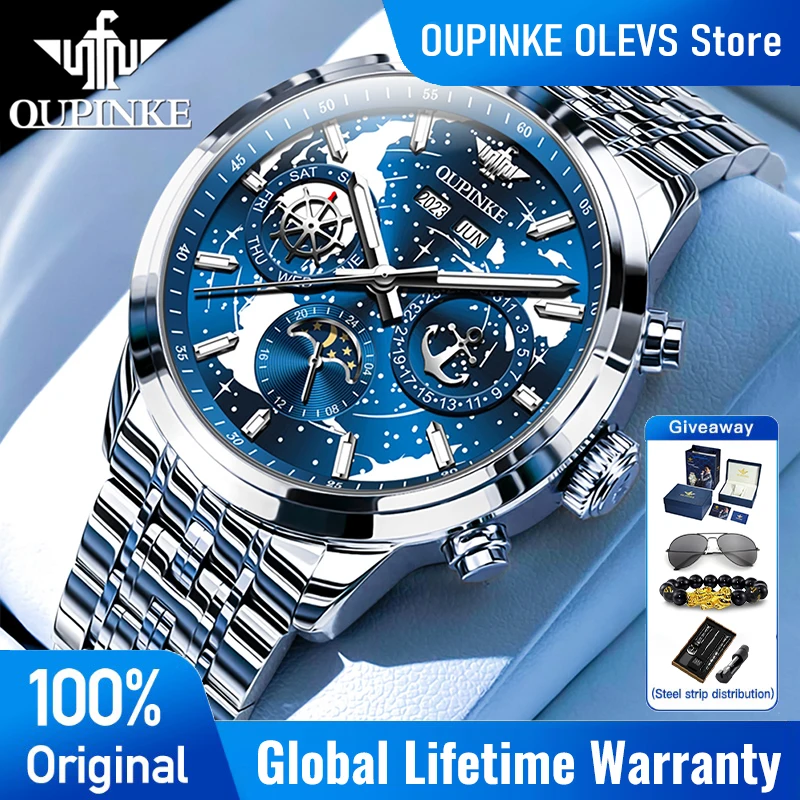 OUPINKE 3256 Top Brand Men's Chronograph Watch Starry Sky Dial Moon Phase Waterproof Mechanical Luxury Sport Wristwatch For Men