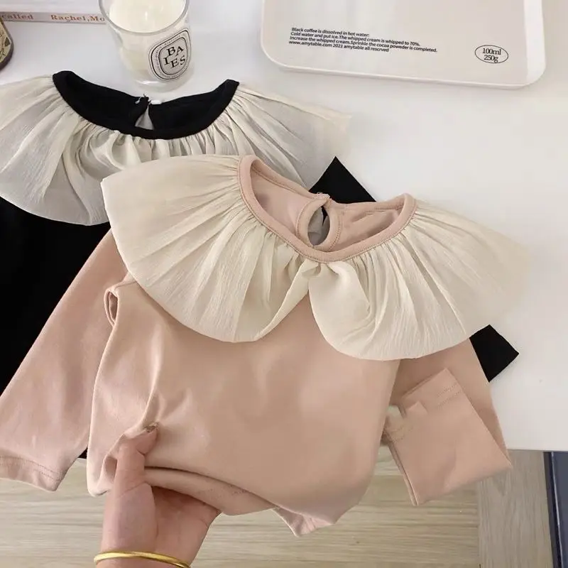 Girls' Tops Lace Collar Bottoming Shirt Spring and Fall Thin Long-sleeved Sweet Korean Princess Stretch Children's T-shirt