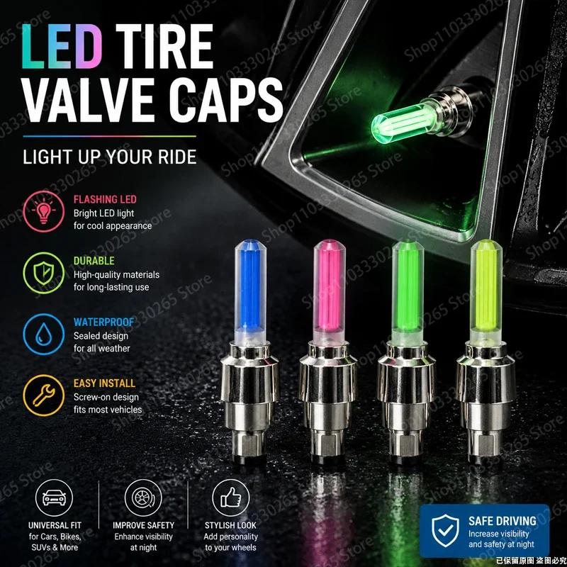LED Tire Valve Cap Lights, Waterproof Flashing, Universal Fit, Enhance Night Visibility & Style for Cars & Bikes