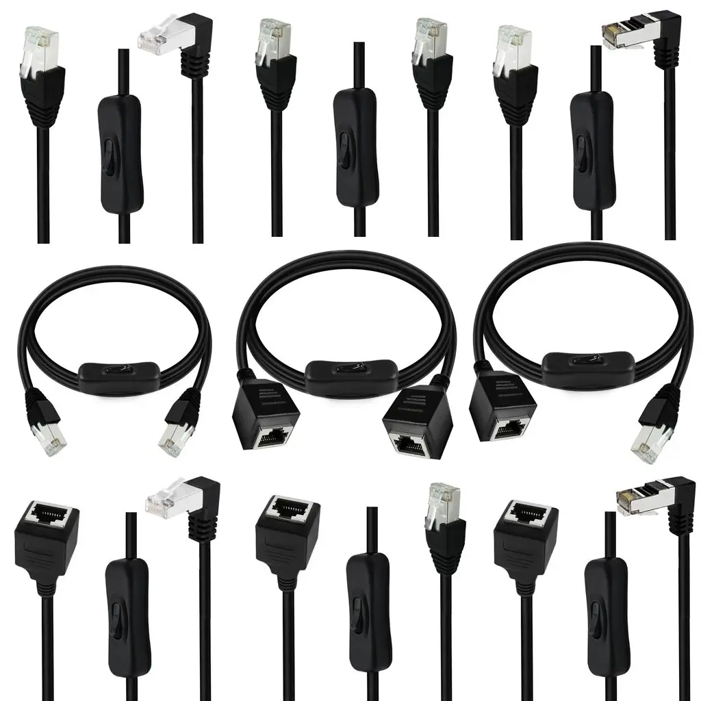 Ethernet-Verlängerungskabel CAT6e RJ45-Verlängerungskabel mit Ein-Aus-Schaltern Stecker auf Buchse/90 Grad RJ 45 8p8c Netzwerkkabel 0,6 m 1 m