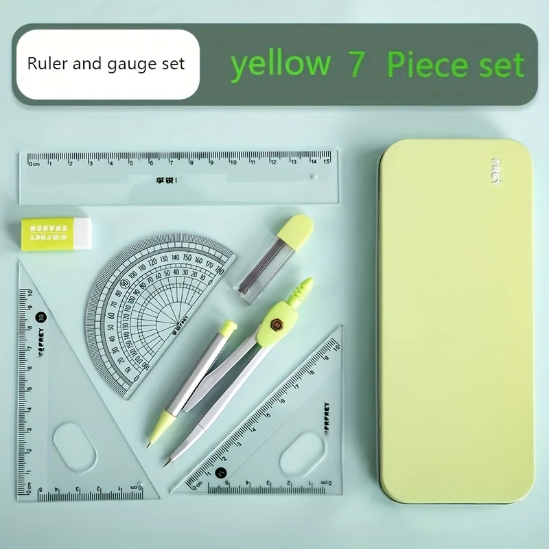 7-Piece Compass And Ruler Sets Triangle Ruler Protractor Rubber Student Exam Specific Ruler Box Set Ruler Set Tool School Starts