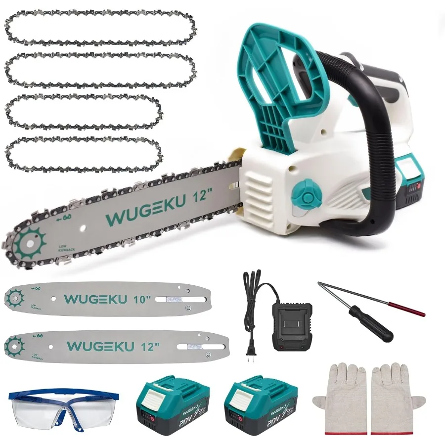 

12" and 10" Electric Cordless Chainsaw with 20V Brushless Motor Includes 2 x 4.0AH Batteries 4 Replacement Chains Automatic Oile