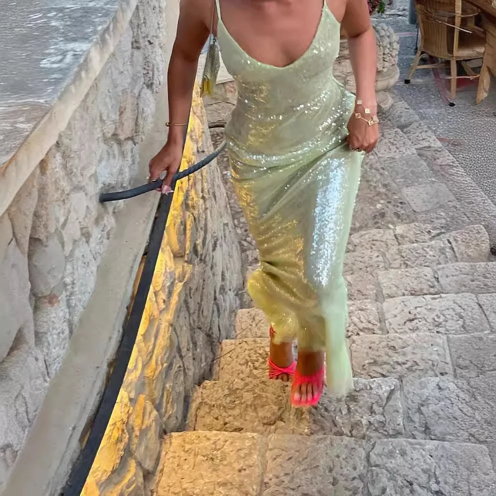 

Sexy Backless Maxi Dress Summer Dresses Cross Halter Fashion U Neck Slim Glitter Evening Robe 2025 Summer Lady Beach Dresses