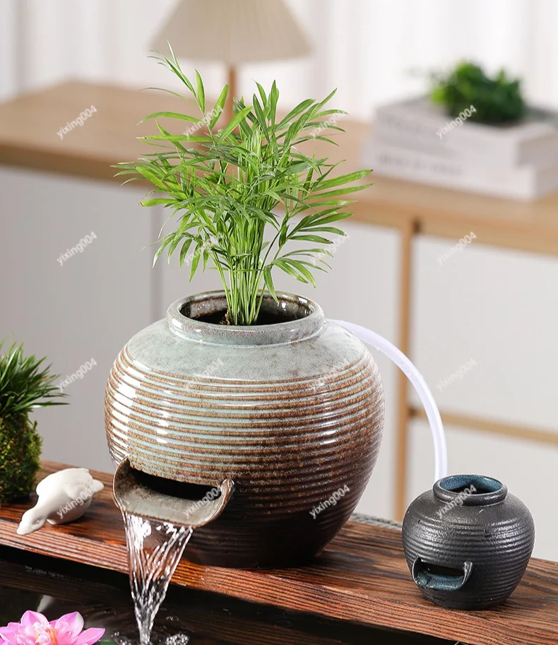 Ceramic Jar Waterfall Circulating Water Feature Ornament For Outdoor Courtyard Pond Fish Tank Landscape Decor