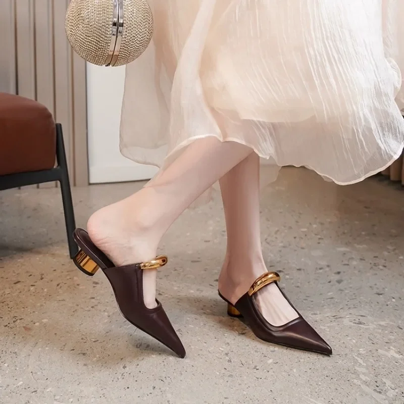 New Slipper Mules Low High Heels Shoes 2024 Summer Best Street Look Females Square Head Open Toe Strappy Sandals Women