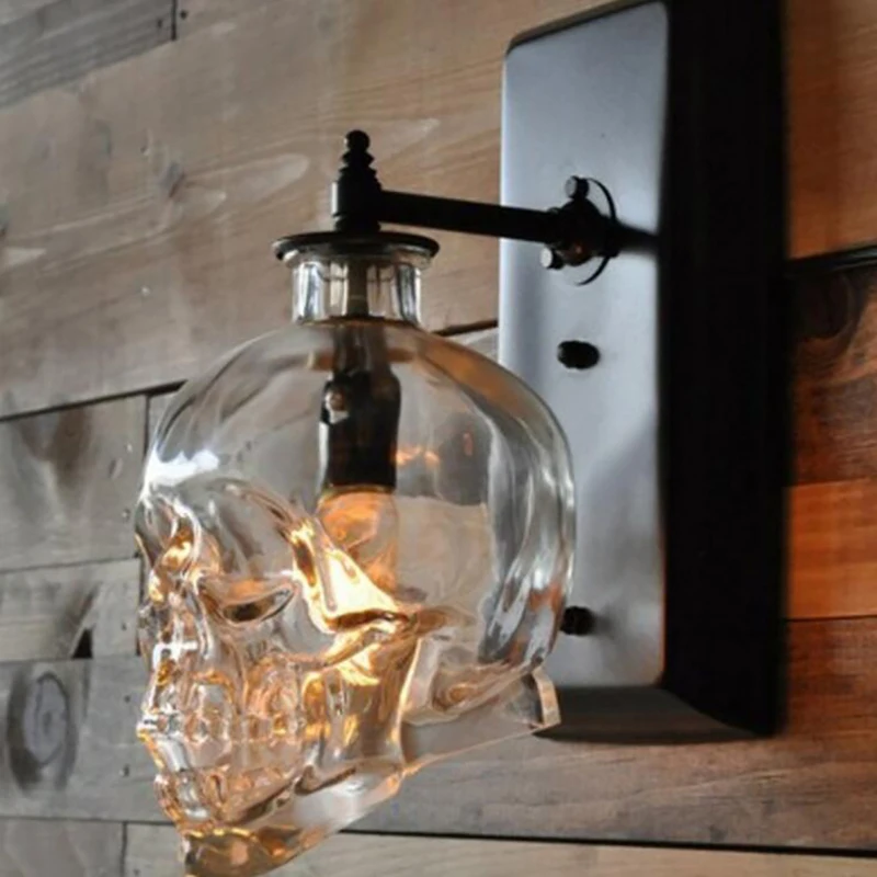 สีดำเหล็กเดี่ยวโคมไฟติดผนัง Skull Head Clear Glass Shade,บ้านโคมไฟโคมไฟสำหรับห้องรับประทานอาหาร,ข้างเตียง,บาร์