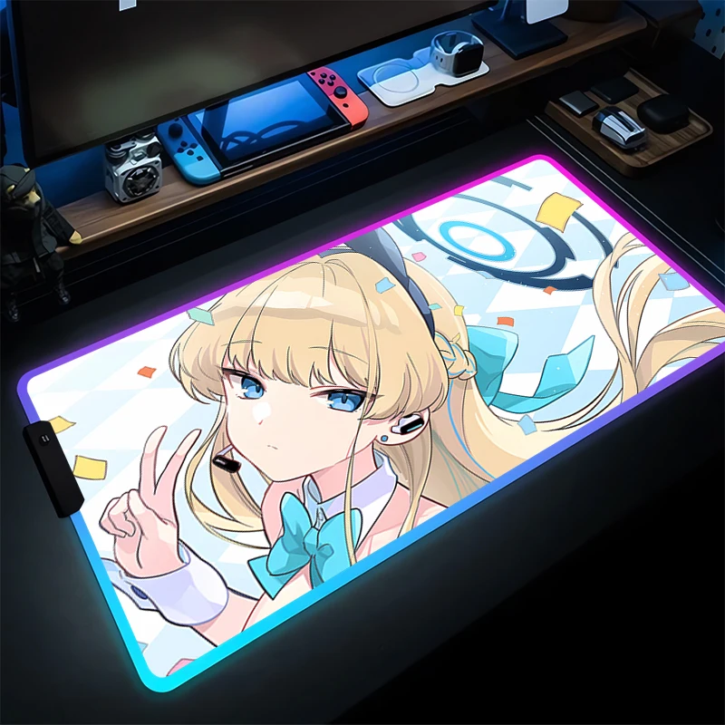 RGB Mouse Pad Komputer Gamer Anime Girl Mousepad Biru Arsip Asuma Toki Keyboard Pad LED Karet Alam Gaming Meja Mouse Mat