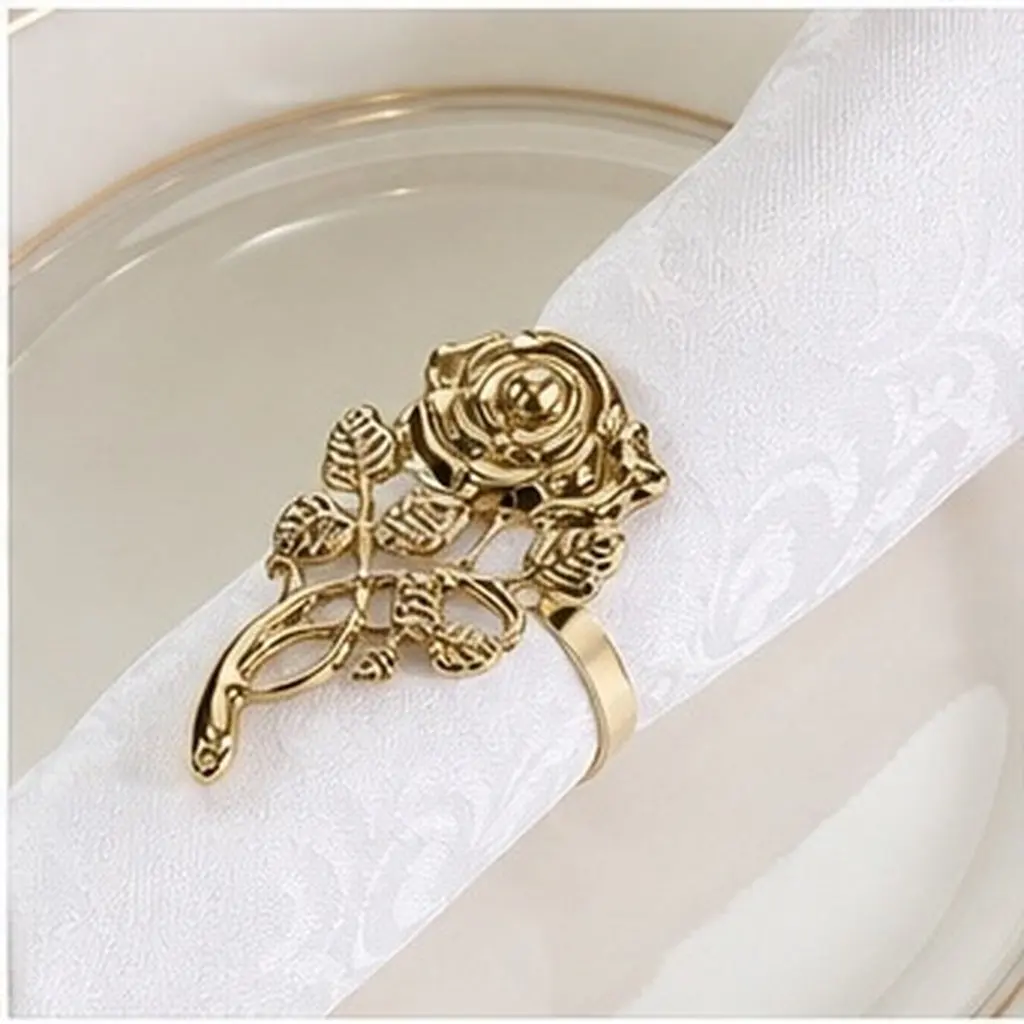 6Pcs Flower Napkin Ring Metal Rose Design Napkin Buckle Elegant Table Setting Accessory for Hotel Restaurant Formal Casual