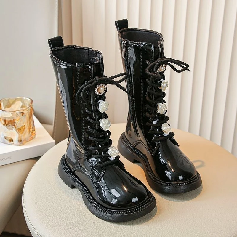 2026 New Girls Winter Boots 2026 Korean Style Performance Show Princess Leather Boots for Kids Warm Soft Sole Non Slip