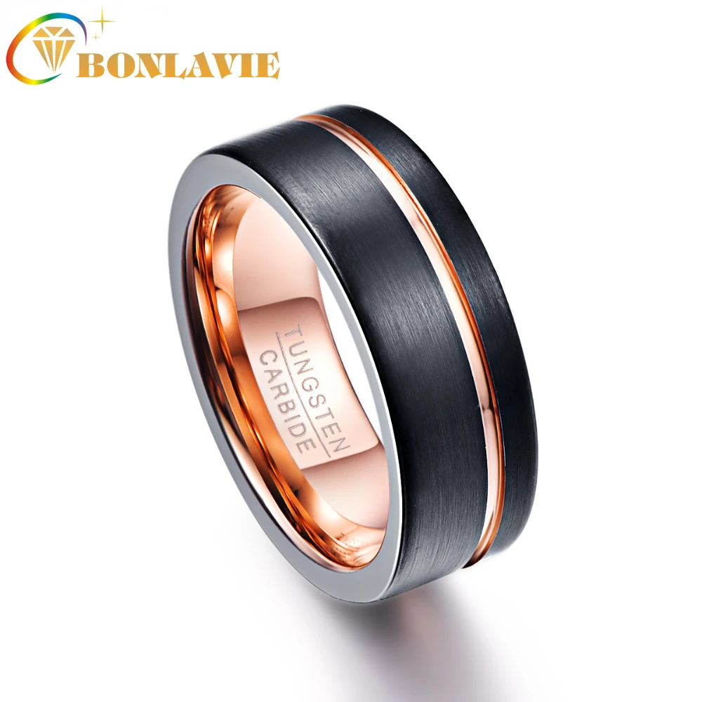 

New Men's Ring 8mm Black Matte Finish Tungsten Carbide Rings Rose Gold Color Groove Wedding Tungsten Ring