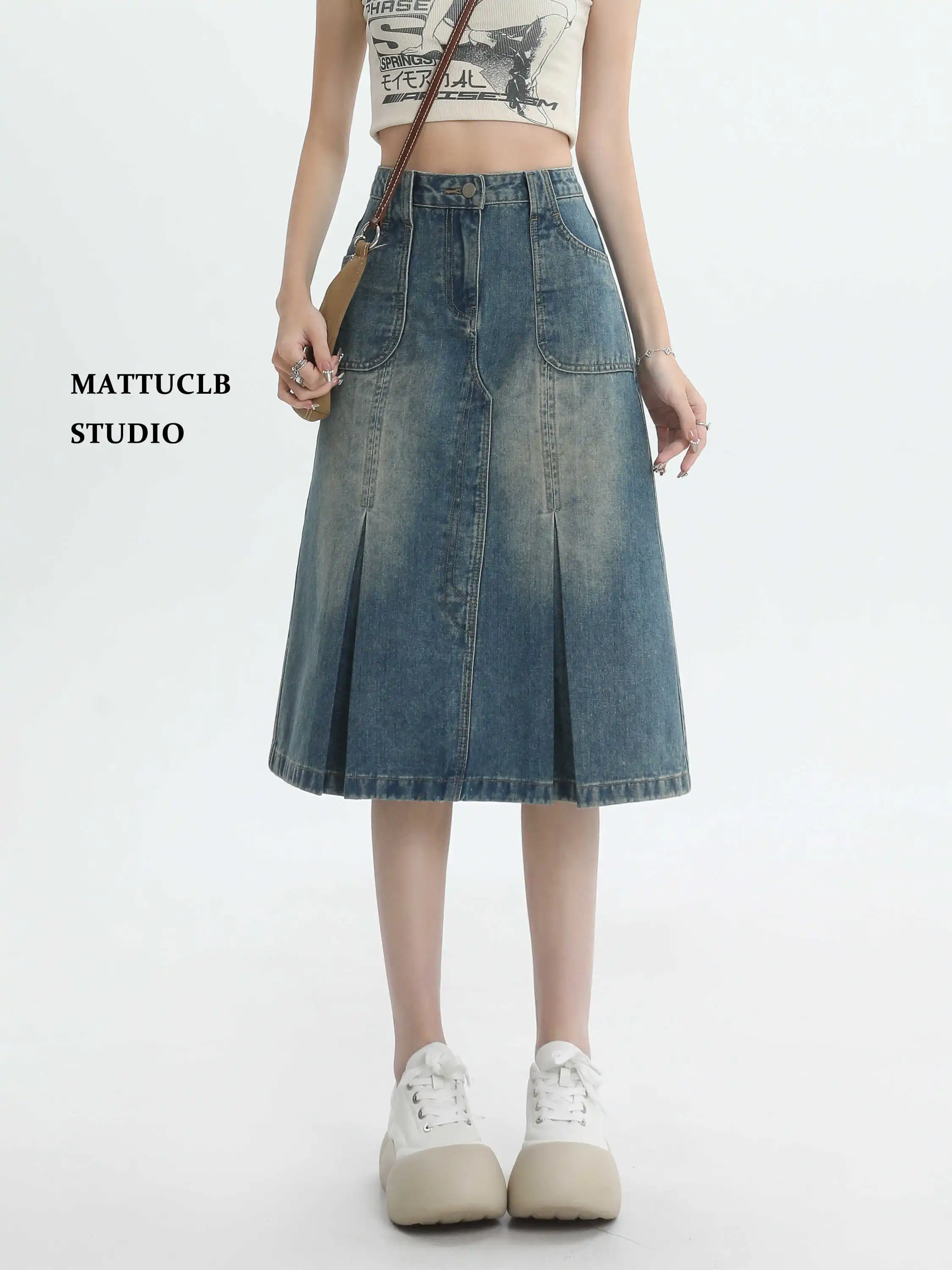 

2026 Summer Women Midi Skirts American Retro A-line Design High Waist College Style Abi Y2k Harajuku 2000s Korean Fashion New