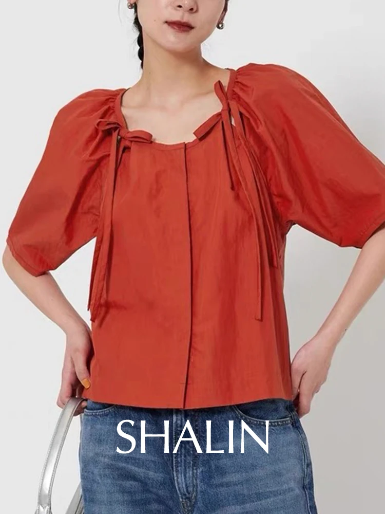 

Sine Japanese Sle Knot Commute Loose Lantern Sve ort Sve irt Women's Sweet Sle Cotton Casual irt