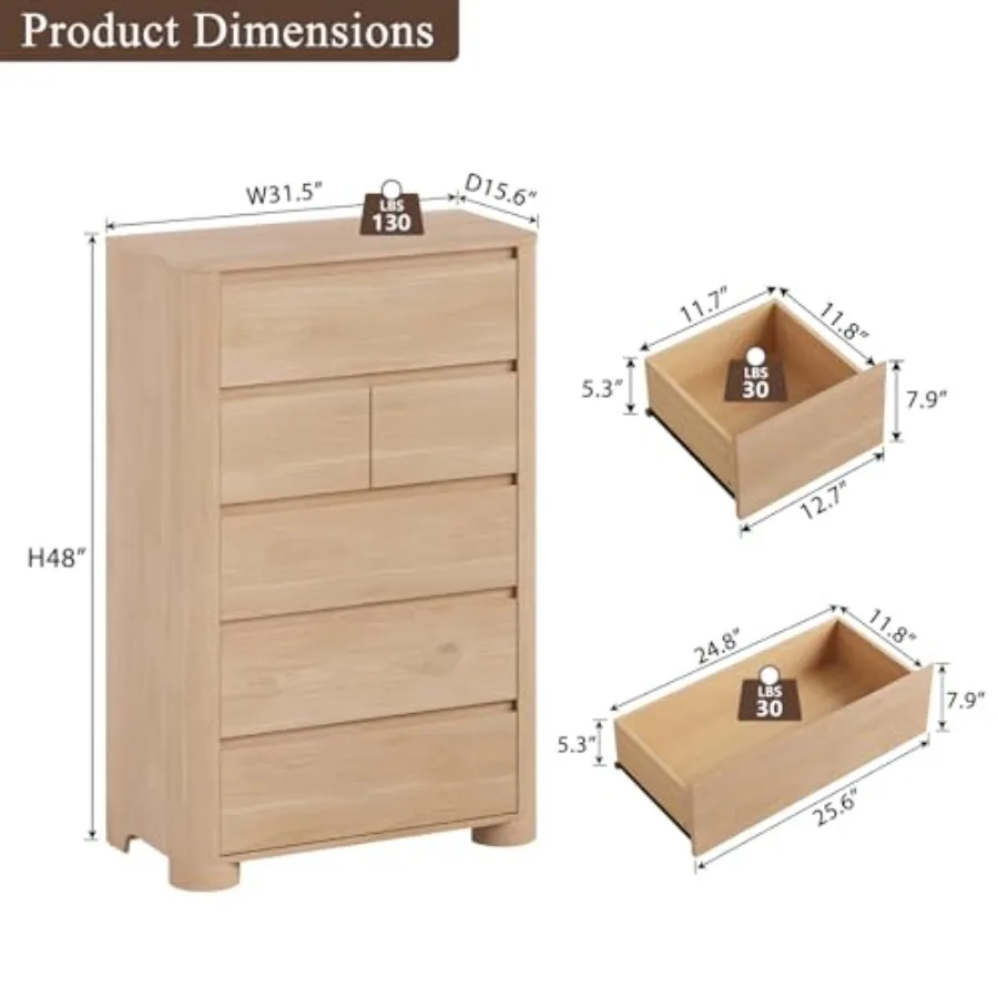 Bedroom 6-drawer dresser, natural wood finish, versatile beige tone, spacious 48-inch tall chest with smooth-gliding drawers